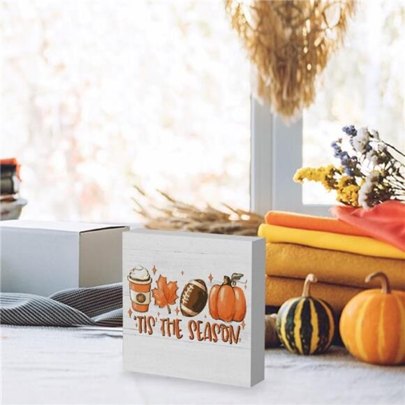 Autumn Harvest Thanksgiving Wooden Square Sign Desk Block Sign Home Shelf Office - Picture 2 of 7